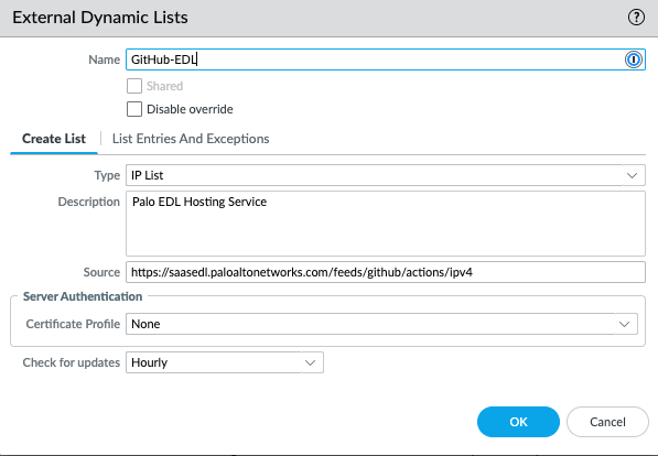 Palo Alto EDL Hosting Service Example (GitHub URLs)